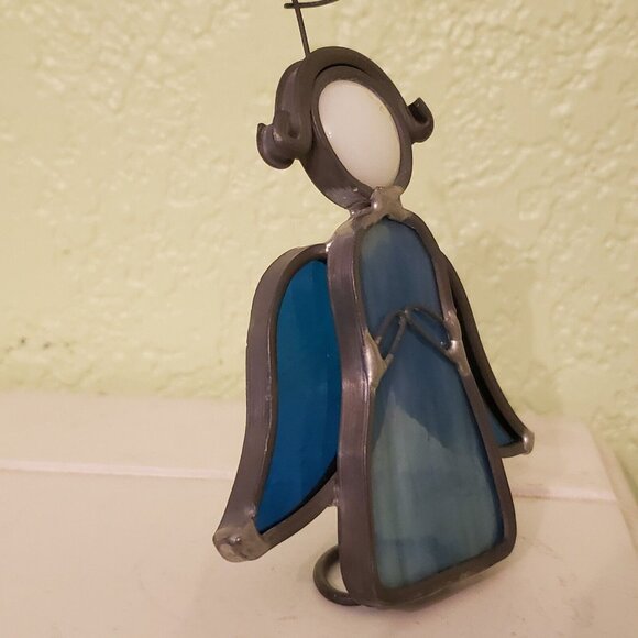 Vintage 1980 Blue Stained Glass Leaded Suncatcher Angel With‎ Halo 4" Standing - Picture 10 of 10
